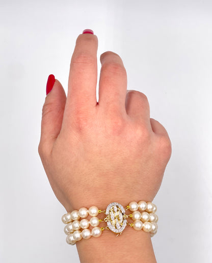 Three Row Multi Strand Pearl Bracelet with 14K & 18K Diamond Clasp