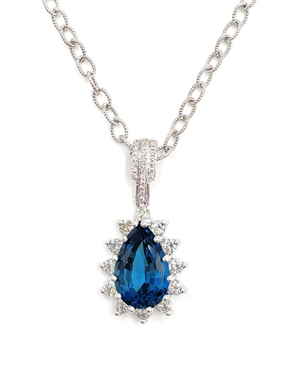14K White Gold London Blue Topaz and Diamond Necklace
