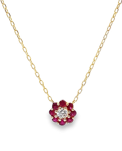 14K Yellow Gold Petite Flower Necklace with Rubies and Diamond