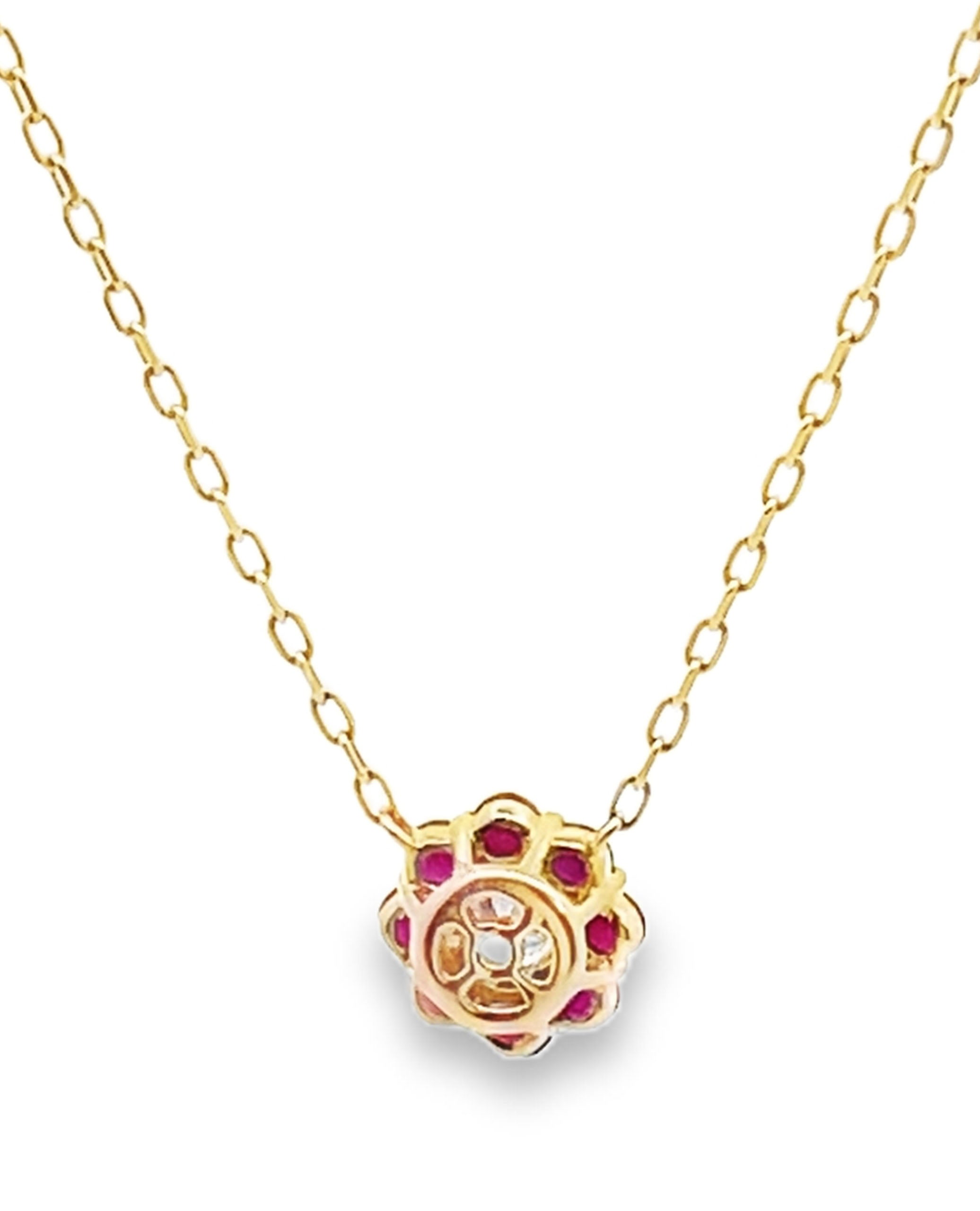 14K Yellow Gold Petite Flower Necklace with Rubies and Diamond