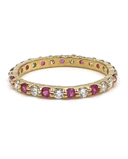 14K Yellow Gold Diamond and Rhodolite Eternity Ring