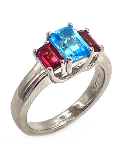 Platinum Three Stone Pink Tourmaline and Blue Topaz Ring