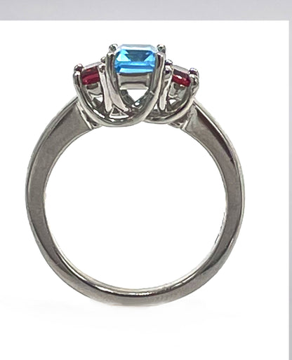 Platinum Three Stone Pink Tourmaline and Blue Topaz Ring