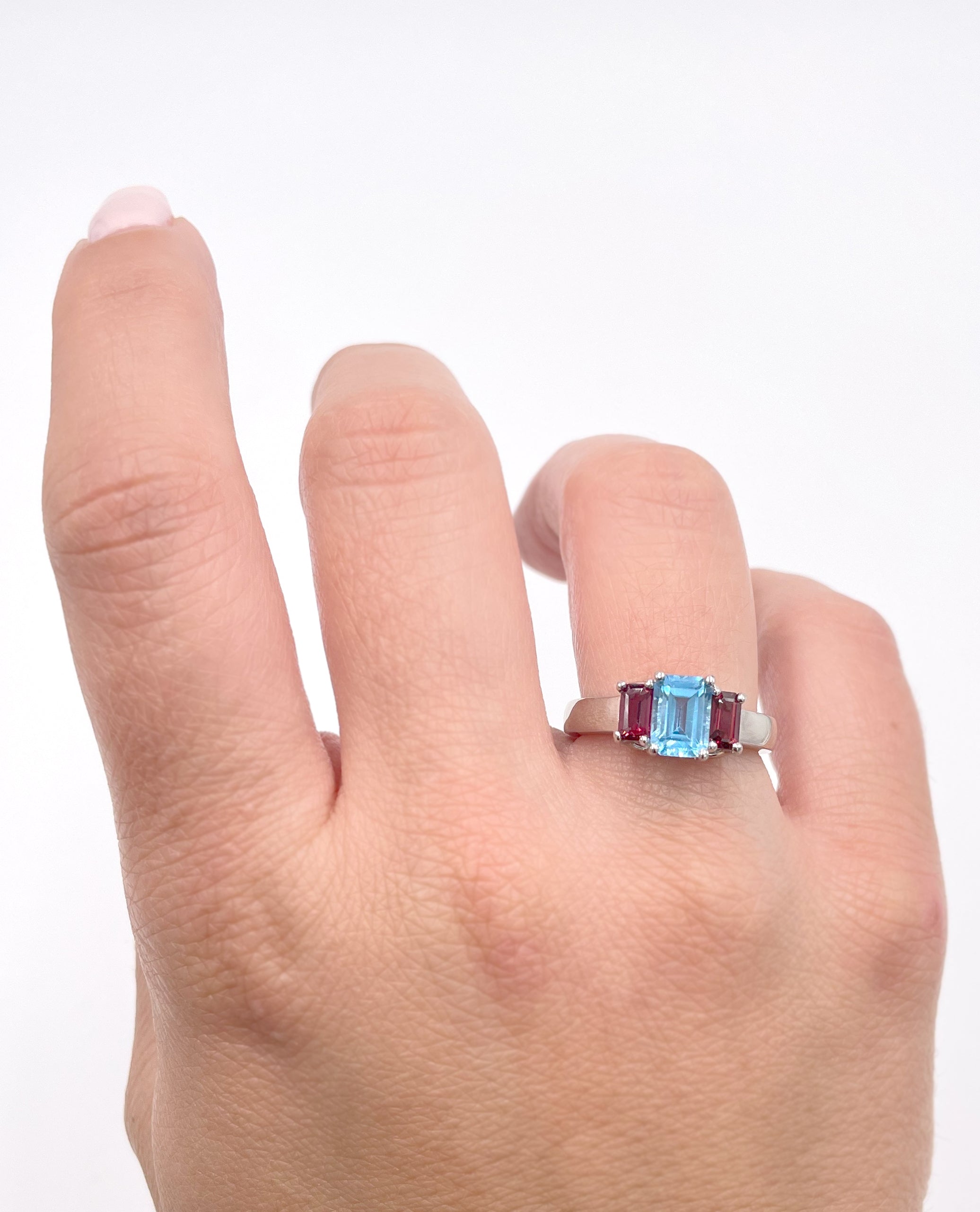 Platinum Three Stone Pink Tourmaline and Blue Topaz Ring