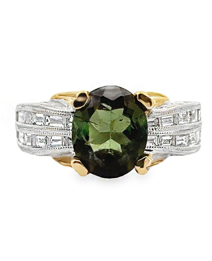 Oval Green Tourmaline Solitaire Ring in Two Tone Hand Engraved Diamond Setting