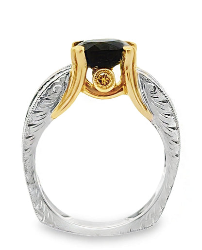 Oval Green Tourmaline Solitaire Ring in Two Tone Hand Engraved Diamond Setting