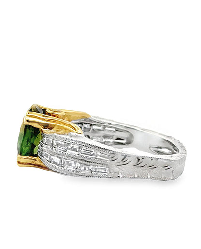 Oval Green Tourmaline Solitaire Ring in Two Tone Hand Engraved Diamond Setting