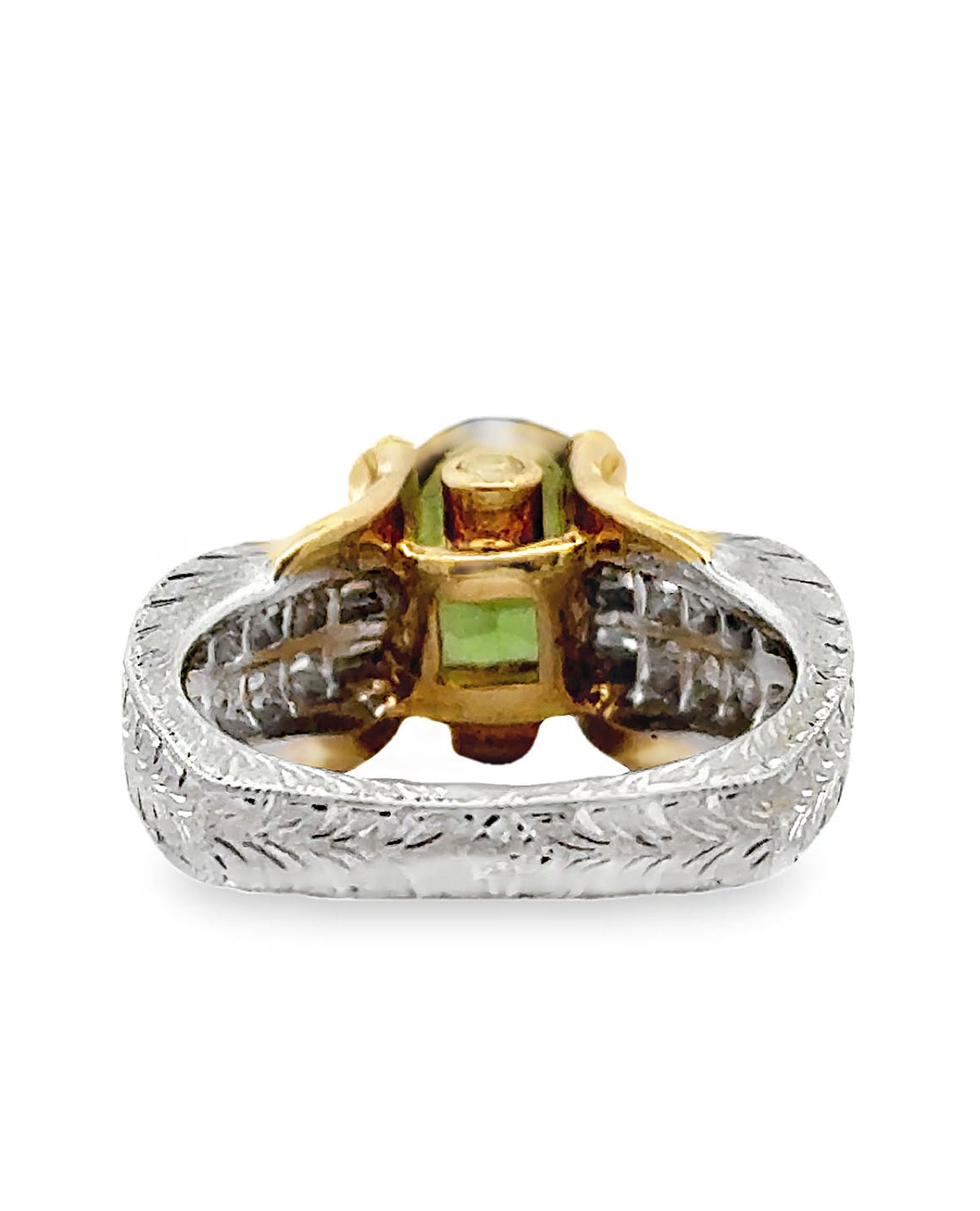 Oval Green Tourmaline Solitaire Ring in Two Tone Hand Engraved Diamond Setting