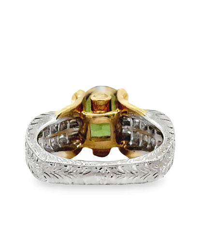 Oval Green Tourmaline Solitaire Ring in Two Tone Hand Engraved Diamond Setting