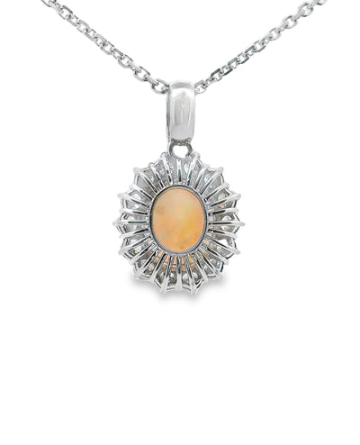 3.60 Ct Oval Opal & Diamond Pendant 14K White Gold Starburst Necklace