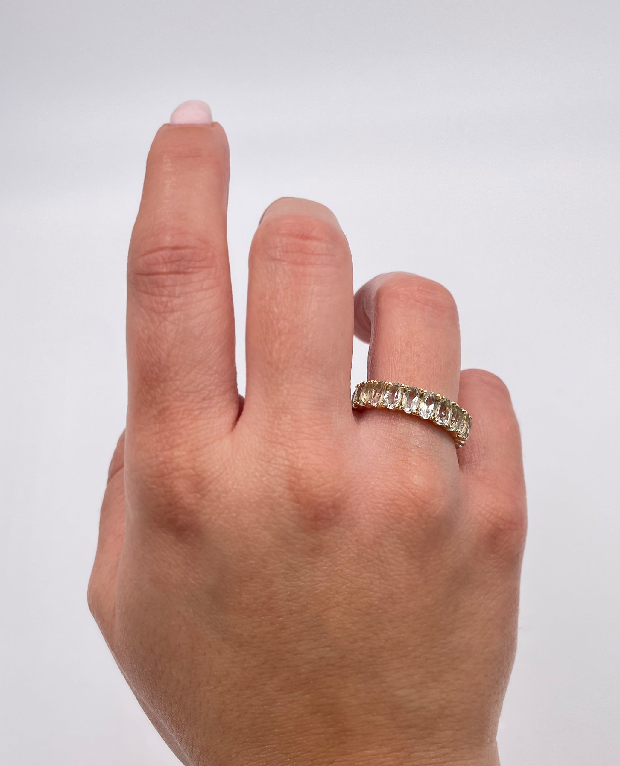 4.98 Carat Oval Green Amethyst Eternity Band in 14K Yellow Gold