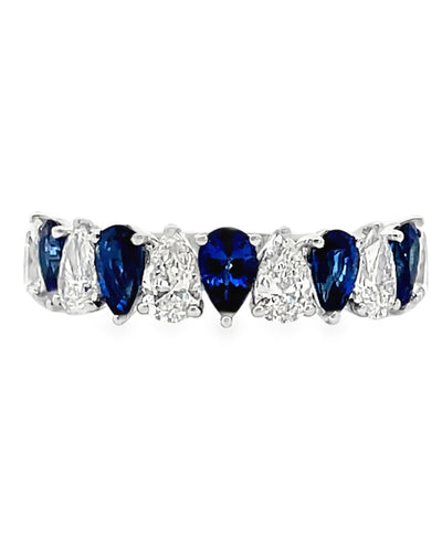 18K White Gold Ring with Single Row Alternating Pear Shaped Blue Sapphires 1.18 Carats and Pear Shaped Diamonds 1.19 Carats
