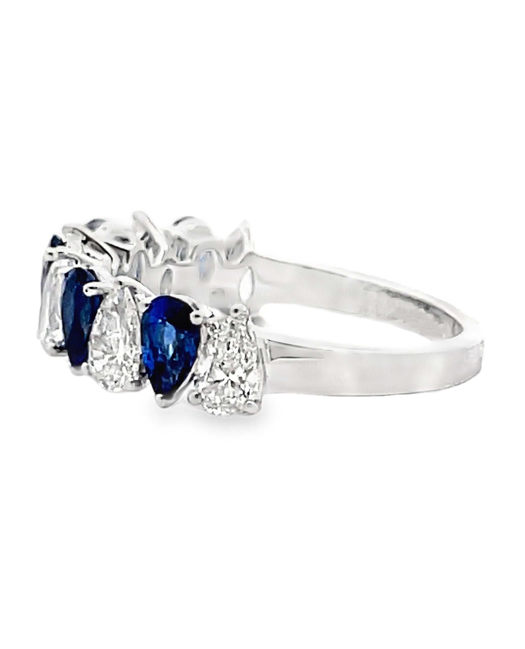 18K White Gold Ring with Single Row Alternating Pear Shaped Blue Sapphires 1.18 Carats and Pear Shaped Diamonds 1.19 Carats