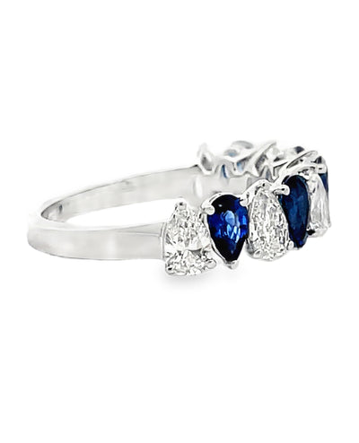 18K White Gold Ring with Single Row Alternating Pear Shaped Blue Sapphires 1.18 Carats and Pear Shaped Diamonds 1.19 Carats