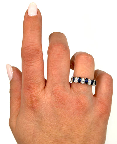 18K White Gold Ring with Single Row Alternating Pear Shaped Blue Sapphires 1.18 Carats and Pear Shaped Diamonds 1.19 Carats