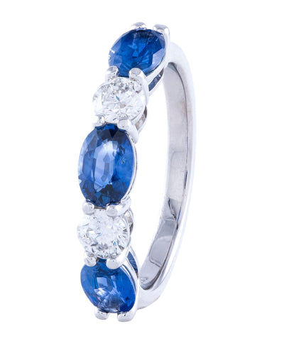 Three Oval Sapphire and Two Diamond Ring in 18K White Gold High Polish Ring