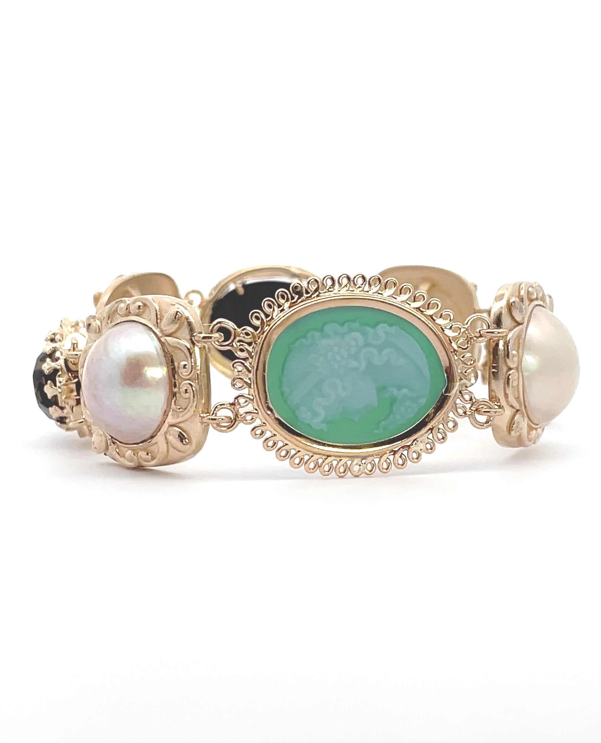 Heirloom Bracelet 14K Yellow Gold, Mobe Pearl, Cameo and Smokey Topaz