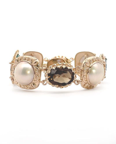 Heirloom Bracelet 14K Yellow Gold, Mabe Pearl, Cameo and Smokey Topaz