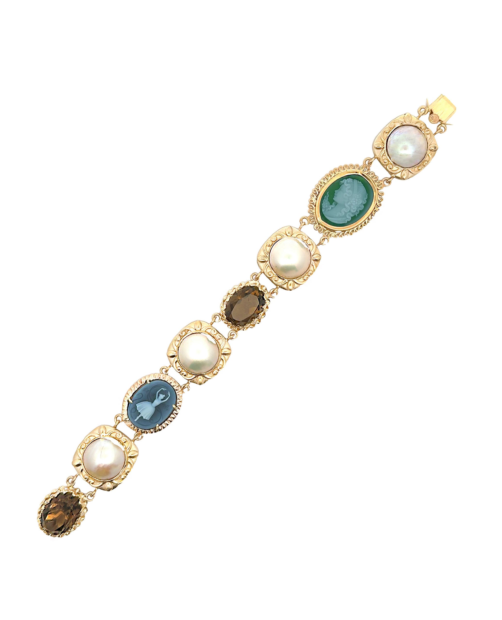 Heirloom Bracelet 14K Yellow Gold, Mobe Pearl, Cameo and Smokey Topaz