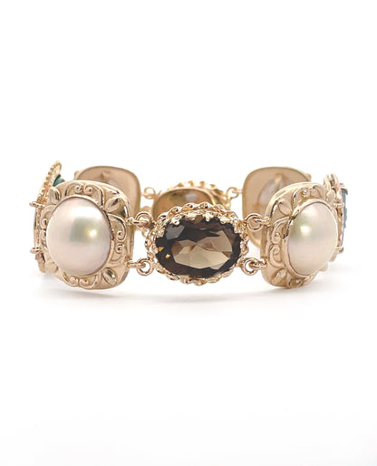 Heirloom Bracelet 14K Yellow Gold, Mobe Pearl, Cameo and Smokey Topaz