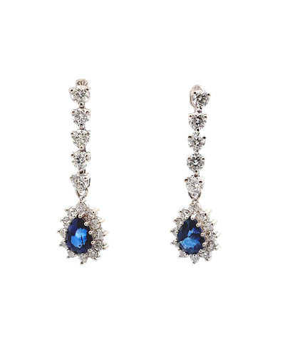 2.96 Ct Sapphire Pear Shaped Starburst Diamond Drop Earrings in 14k White Gold