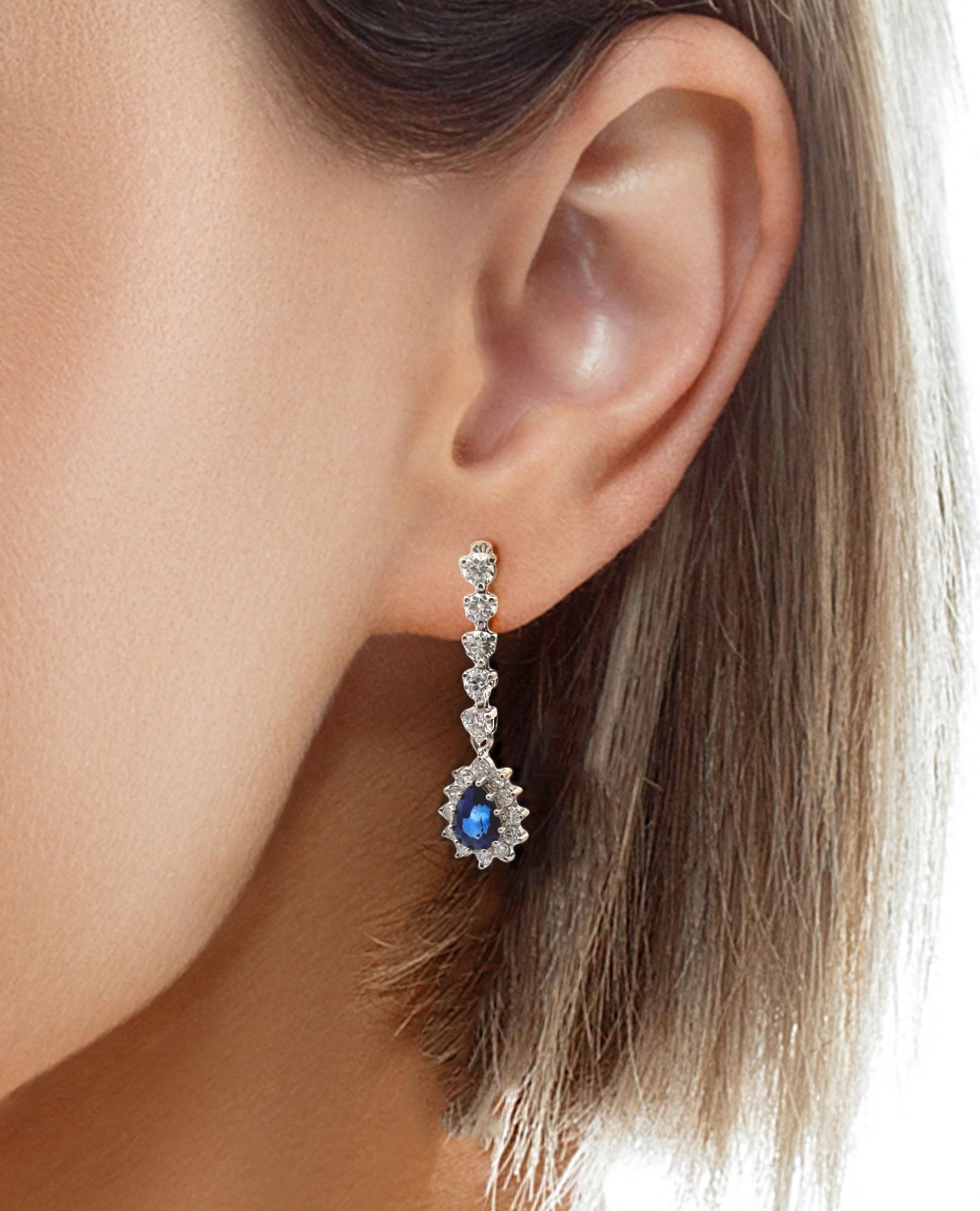 14K White Gold Long Earrings with Diamonds and Sapphires
