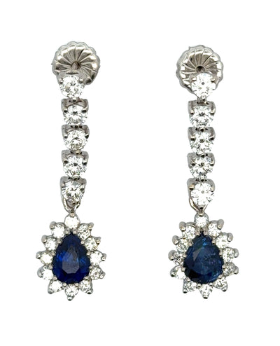 2.96 Ct Sapphire Pear Shaped Starburst Diamond Drop Earrings in 14k White Gold