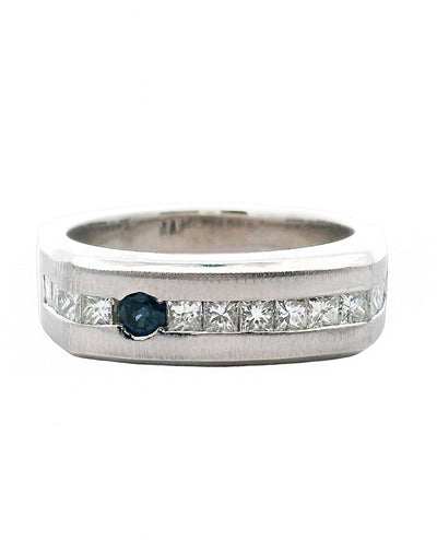 14K White Gold Men's Ring with Sapphire and Diamonds