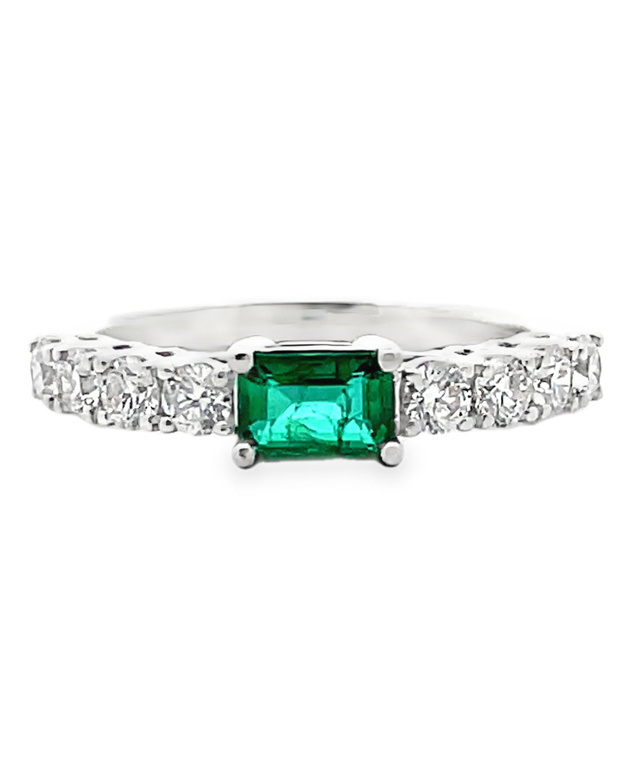 18K White Gold Single Row Diamond Ring with One Center Emerald 0.71 Carat East West