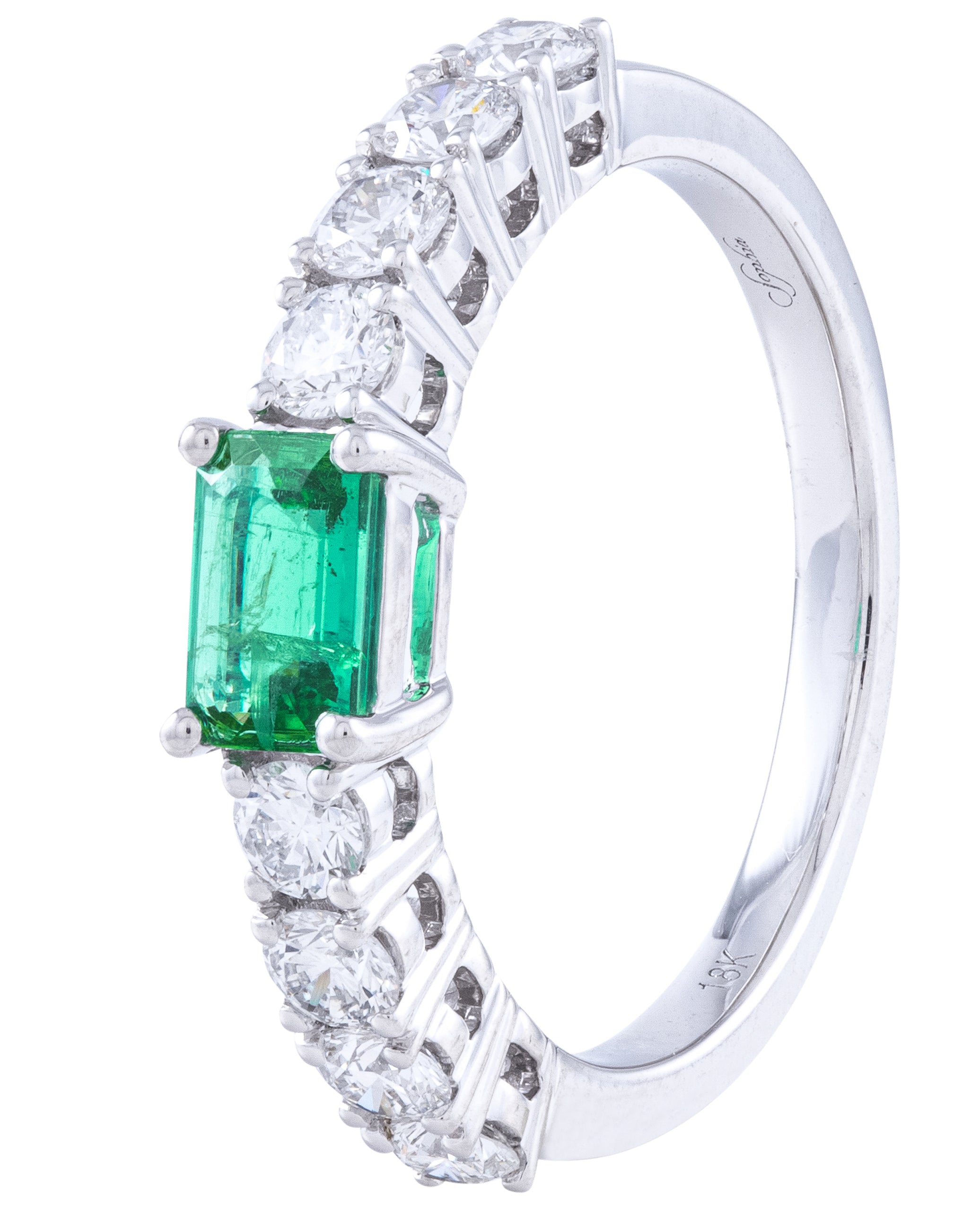 18K White Gold Single Row Diamond Ring with One Center Emerald 0.71 Carat East West