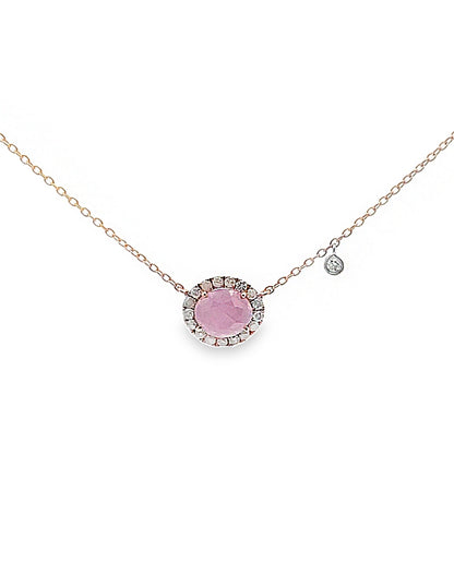 14K Rose Gold Diamond Necklace with One Oval Pink Sapphire
