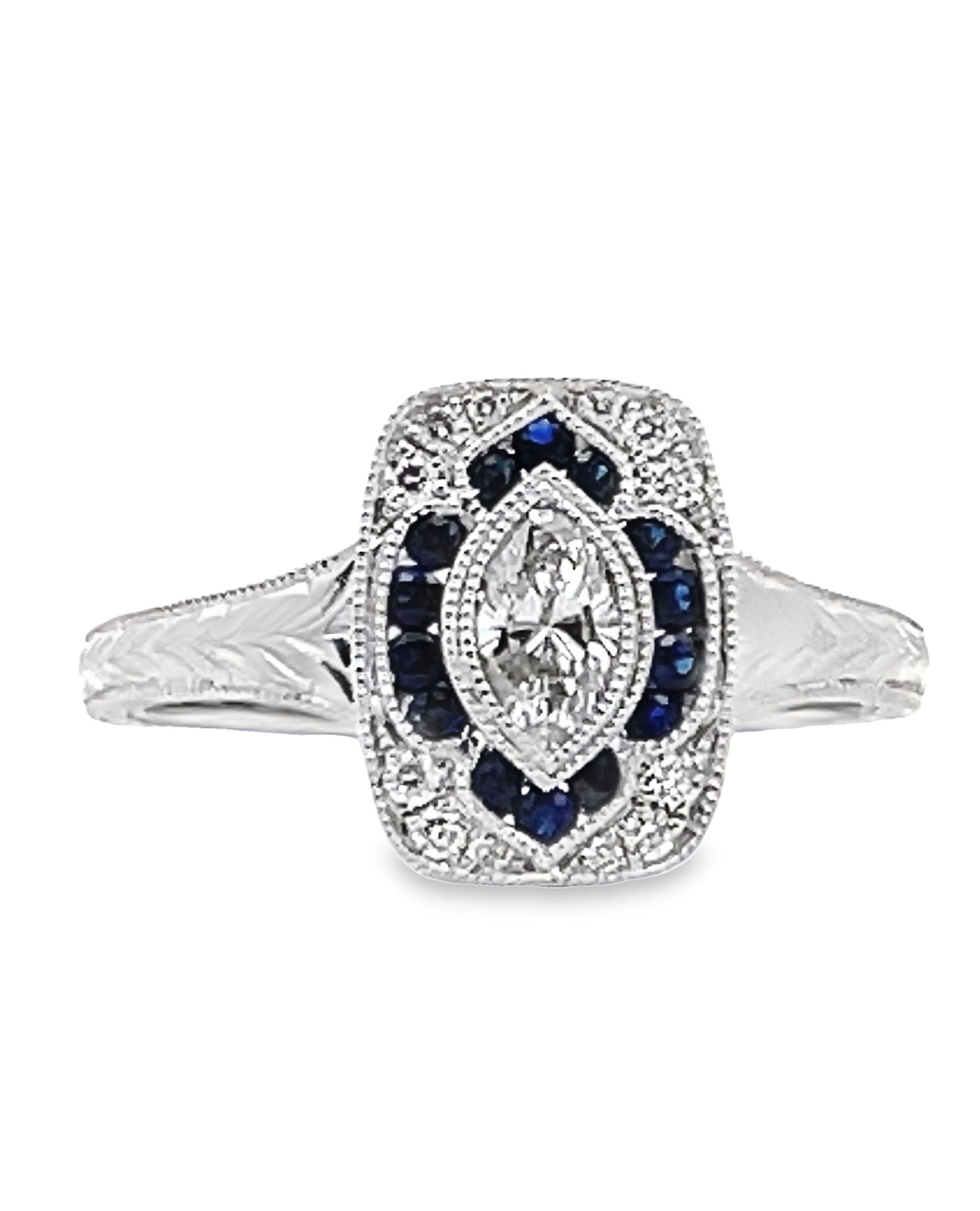 14K White Gold Antique Inspired Ring with Diamond and Sapphire