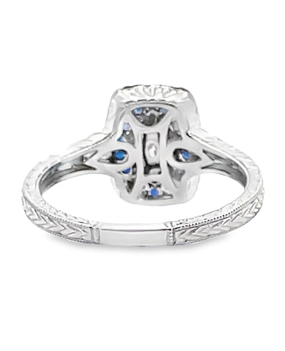 14K White Gold Antique Inspired Ring with Marquise Diamond and Round Blue Sapphires