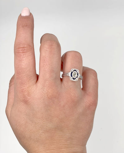 14K White Gold Antique Inspired Ring with Marquise Diamond and Round Blue Sapphires