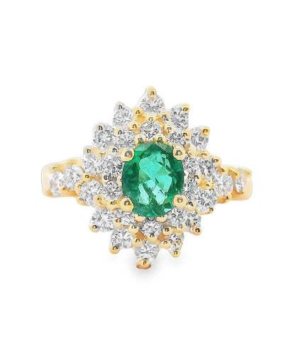14K Yellow Gold Oval Emerald 0.70 Carats and 28 Round Diamonds 1.00 Carats Ring