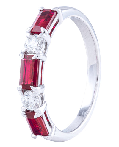 18K White Gold Ring with Single Row Alternating Rubies 0.90 Carats and Diamonds 0.21 Carats