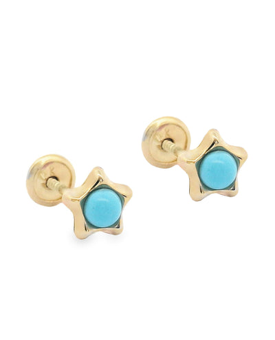 14K Yellow Gold Star Earrings Turquoise with Screwbacks