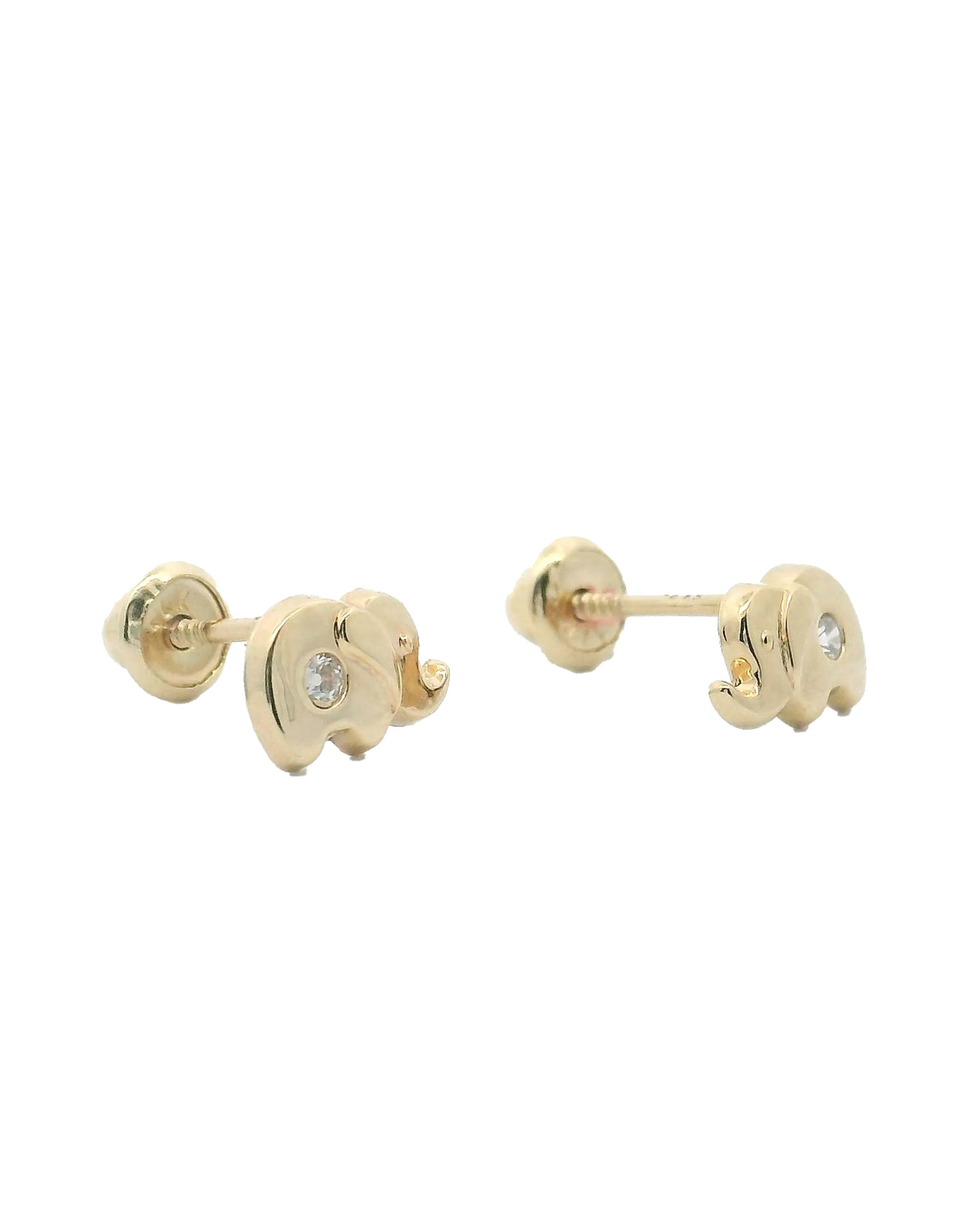 14K Yellow Gold Elephant Earrings with CZ and Screwbacks