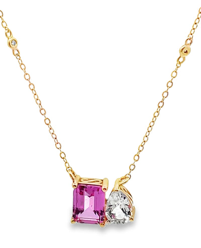 14K Yellow Gold Pink Corundum and White Topaz Necklace