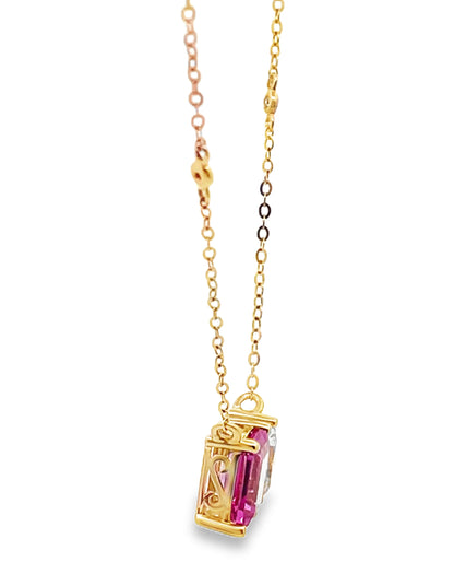 14K Yellow Gold Pink Corrundum and White Topaz Necklace