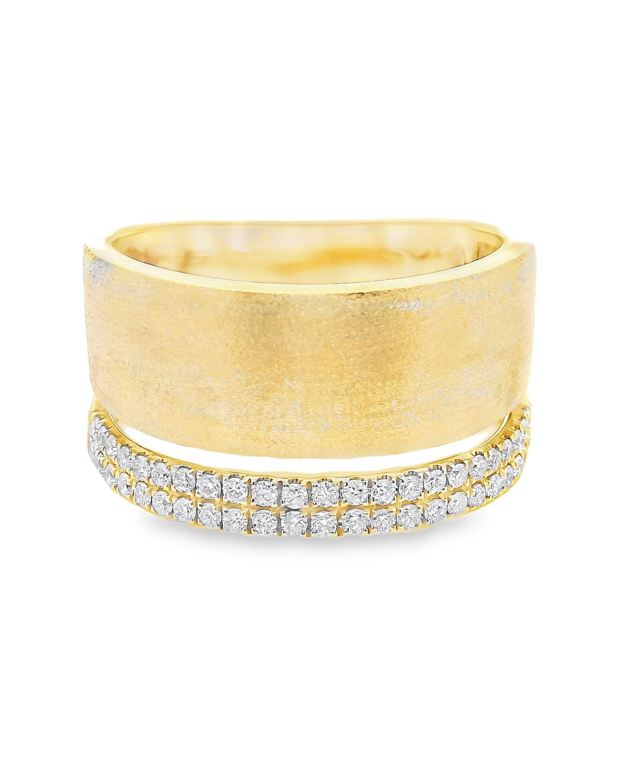 18K Yellow Gold Wide Band Ring with Row of Pave Diamonds