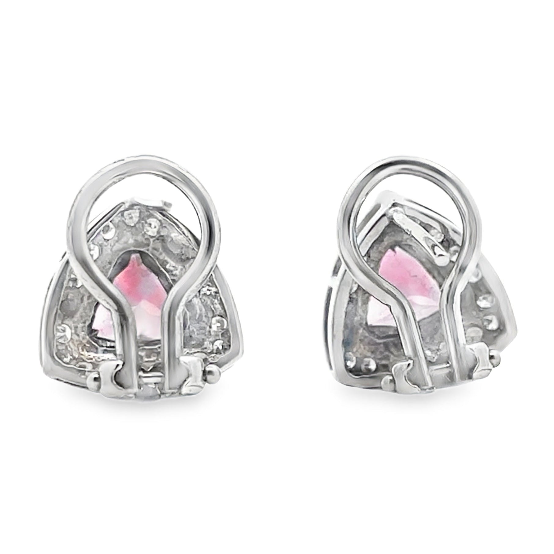 Pink Tourmaline 14k White Gold Triangle Shaped Post Earrings with Diamonds and Omega Backs