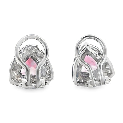 Pink Tourmaline 14k White Gold Triangle Shaped Post Earrings with Diamonds and Omega Backs