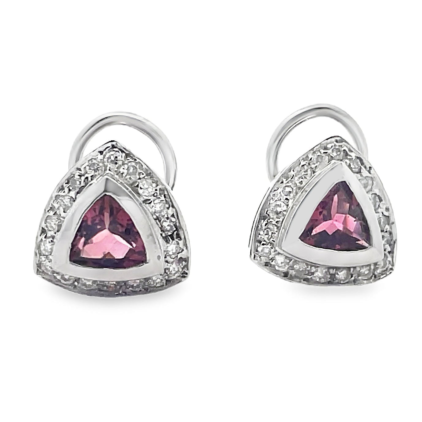 Pink Tourmaline 14k White Gold Triangle Shaped Post Earrings with Diamonds and Omega Backs