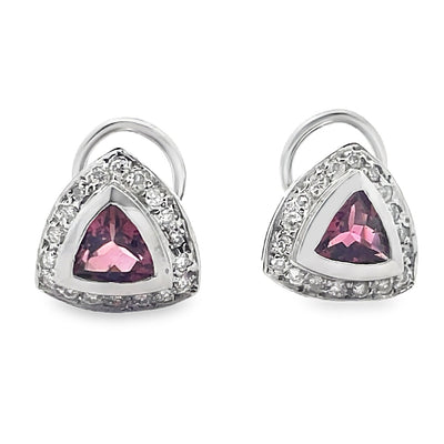 Pink Tourmaline 14k White Gold Triangle Shaped Post Earrings with Diamonds and Omega Backs