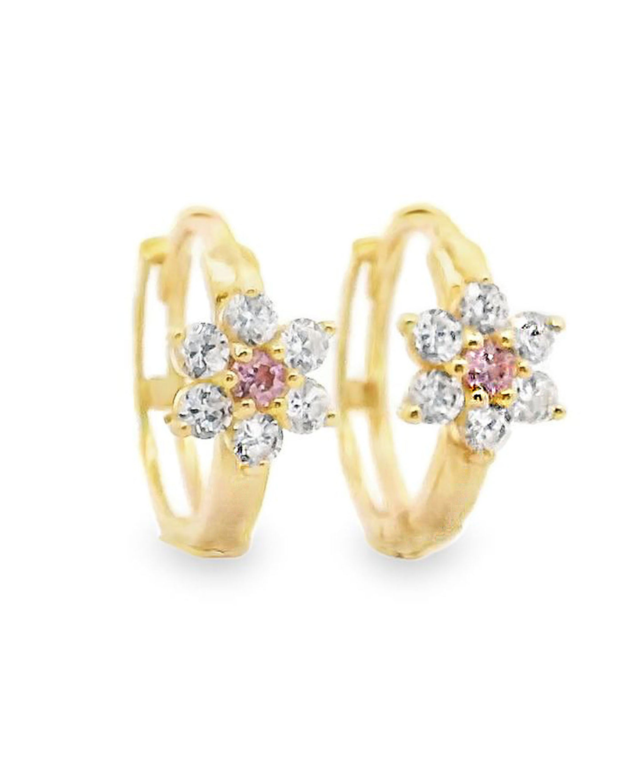 14K Yellow Gold Flower Huggie Hoop Earrings- Pink
