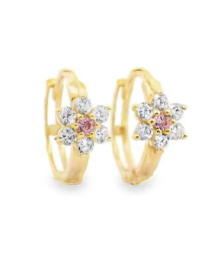 14K Yellow Gold Flower Huggie Hoop Earrings- Pink