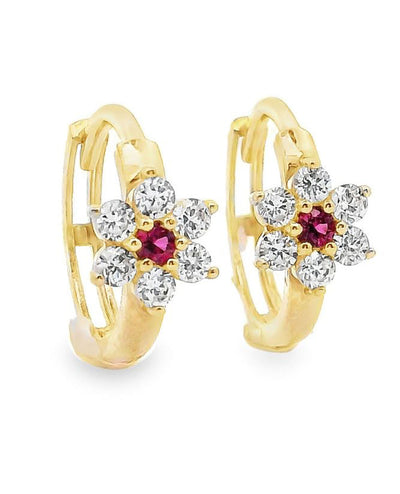 14K Yellow Gold Flower Huggie Hoop Earrings- Red