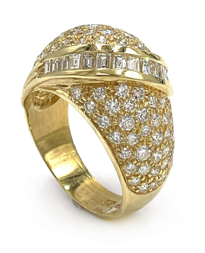 Vintage Dome Ring with Round and Baguette Diamonds 2.65 Carats in 18K Yellow Gold
