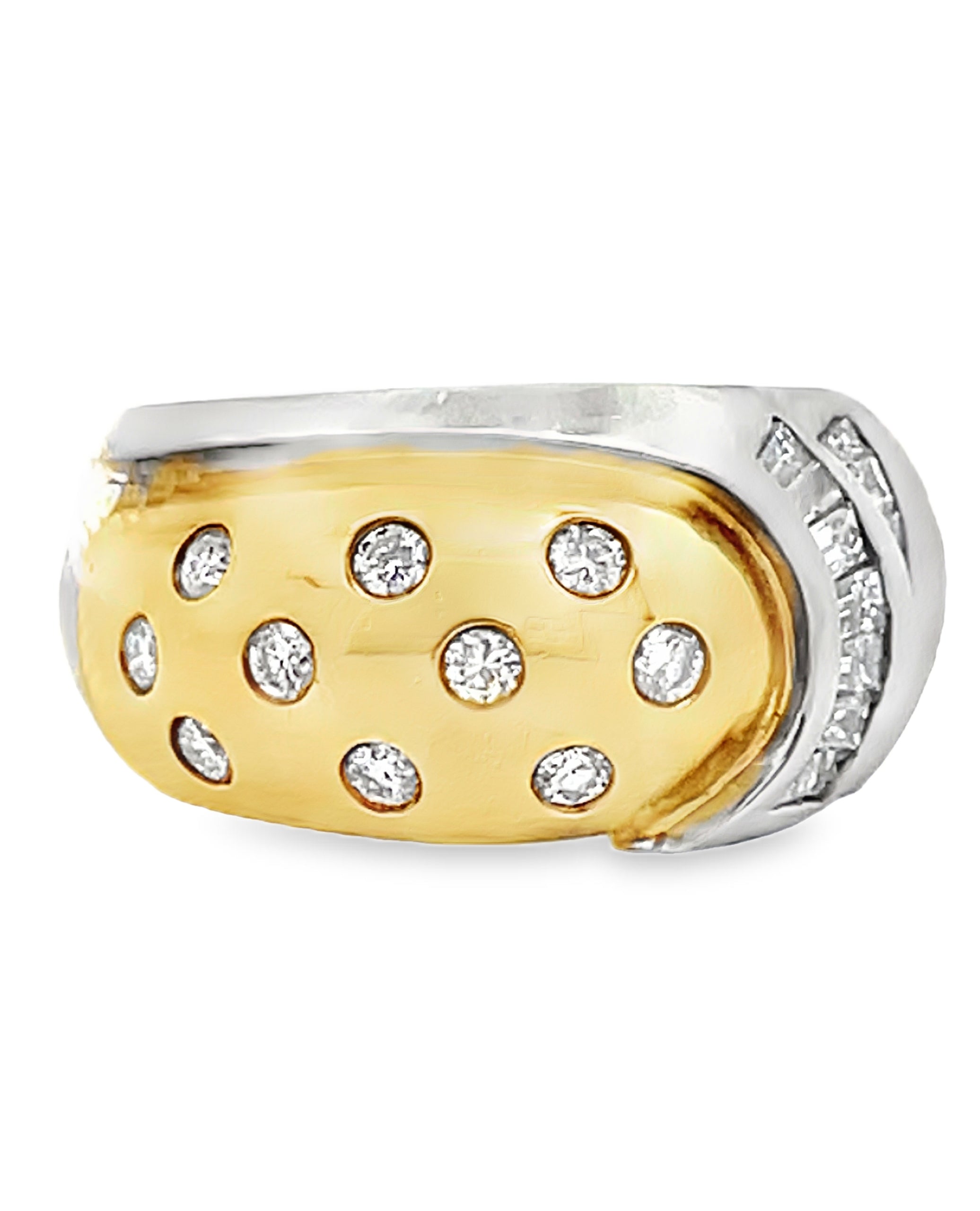Vintage Platinum and 18k Yellow Gold Two Tone Dome Ring with Round and Baguette Diamonds 0.88 Carats
